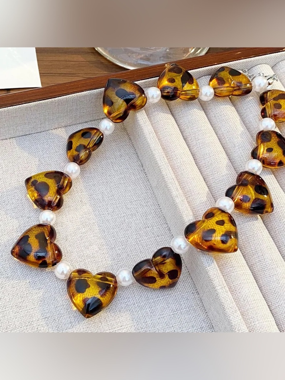 Acrylic Pearl Heart Amber Necklace 18-In
